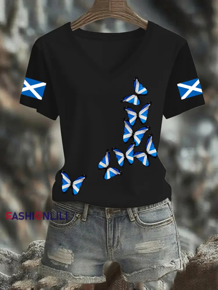 Women’s Scottish Butterfly Flag Short Sleeve T-Shirt Black / S
