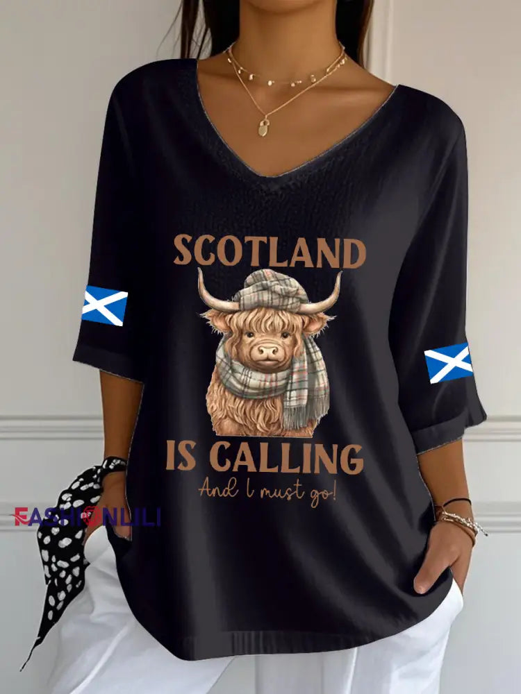 Women’s Scottish Flag V-Neck Half-Sleeve T-Shirt Black / S