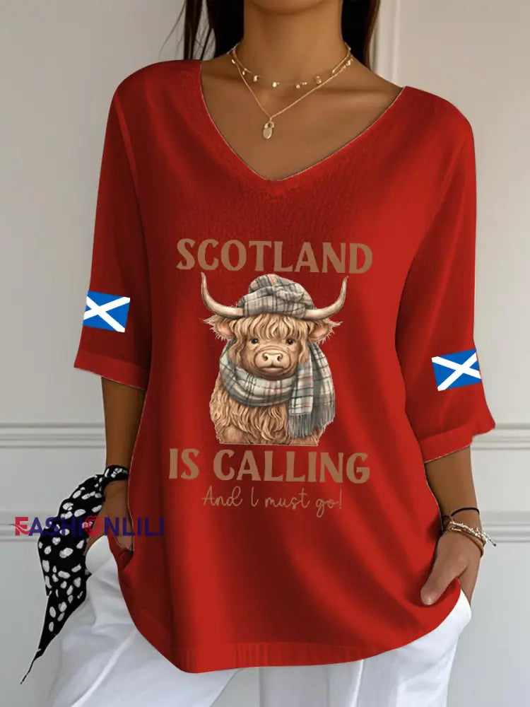 Women’s Scottish Flag V-Neck Half-Sleeve T-Shirt Red / S