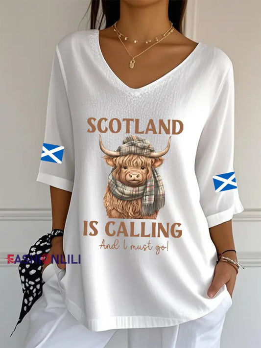 Women’s Scottish Flag V-Neck Half-Sleeve T-Shirt White / S