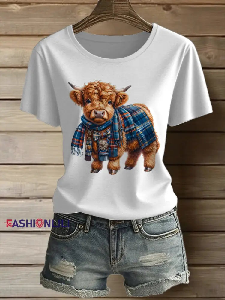 Women’s Scottish Highland Cattle Printed Vintage Fashion Loose Short Sleeve T-Shirt White / S