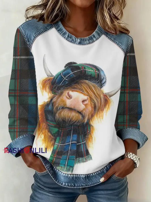 Women’s Scottish Highland Cow Print Denim Patchwork Top As picture / S
