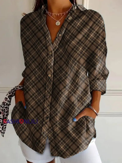 Women’s Scottish Plaid Print Vintage Casual Long Sleeve Shirt As picture / S