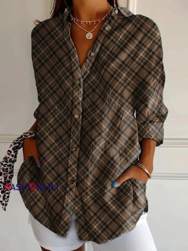 Women’s Scottish Plaid Print Vintage Casual Long Sleeve Shirt As picture / S