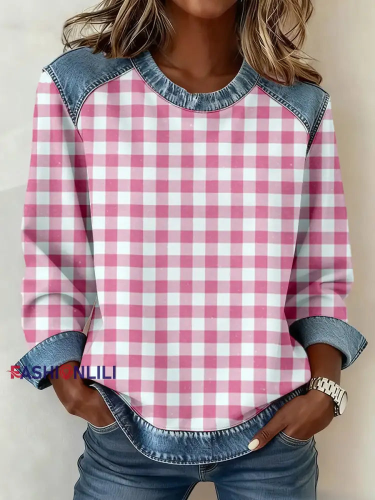 Women’s Simple Plaid Pattern Denim Patchwork Sweatshirt Pink / S