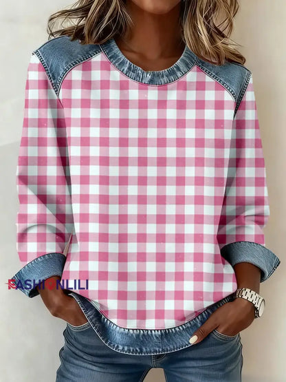 Women’s Simple Plaid Pattern Denim Patchwork Sweatshirt Pink / S