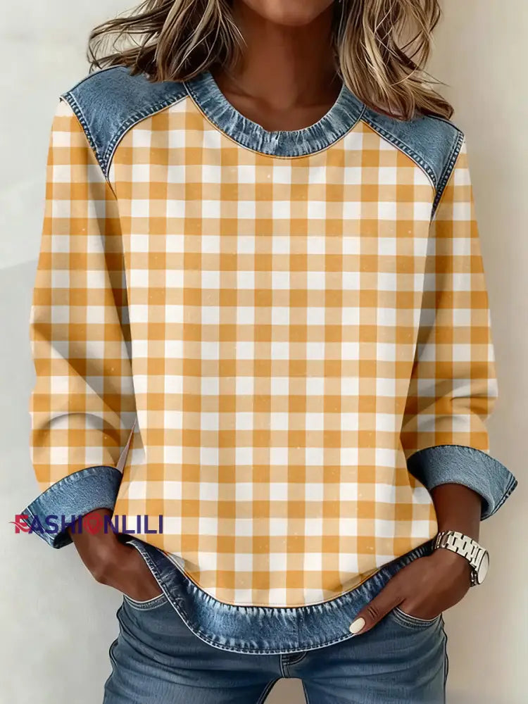 Women’s Simple Plaid Pattern Denim Patchwork Sweatshirt Yellow / S