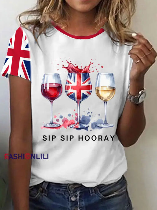 Women’s Sip Sip Hooray Union Jack Wine Glass Short-sleeved T-shirt White / S