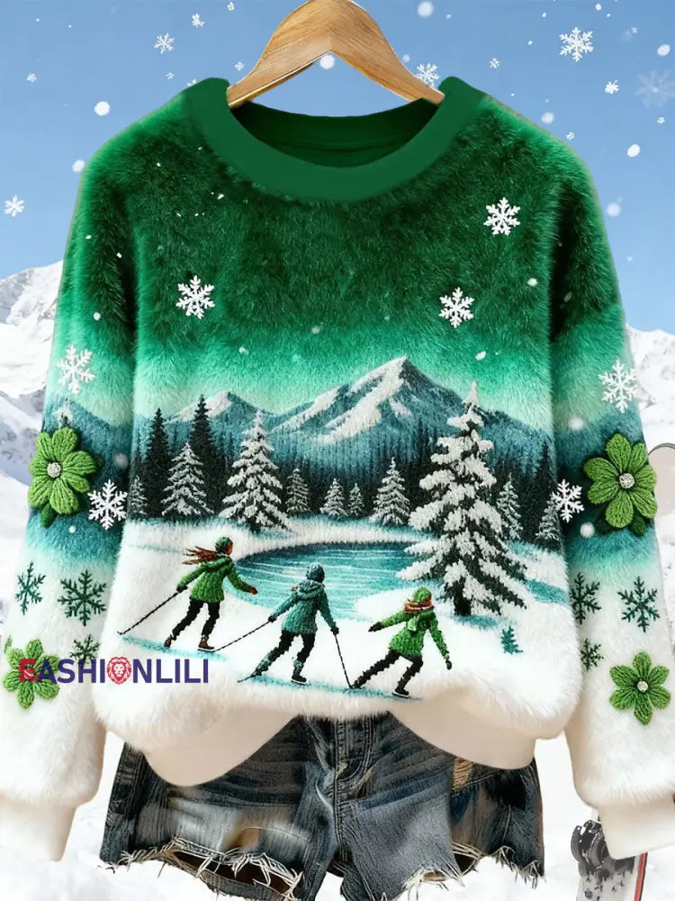 Women’s Ski Art Print Casual Top Green / S