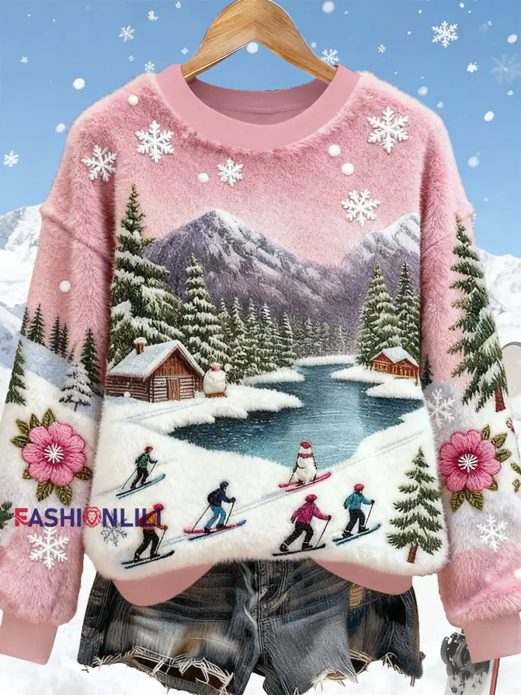 Women’s Ski Art Print Casual Top Pink / S