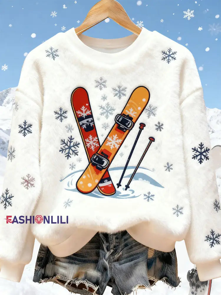 Women’s Ski Art Print Casual Top White / S