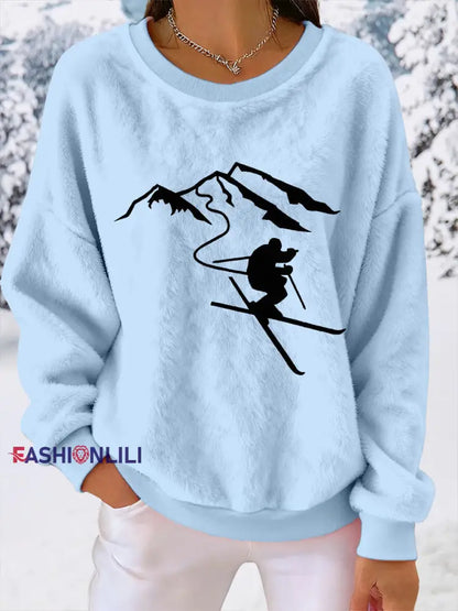 Women’s Ski Print Casual Top Sky Blue / S