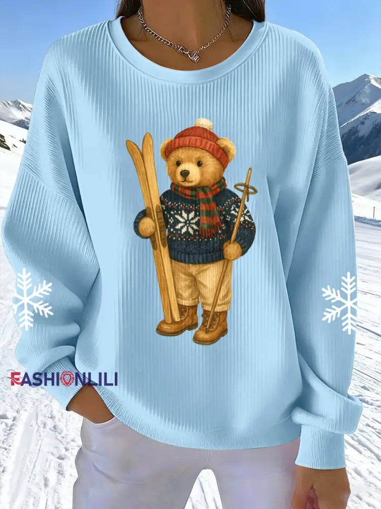 Women’s Skiing Bear Print Sweatshirt Blue / S