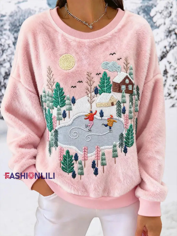 Women’s Snow Village Flannel Sweatshirts Pink / S