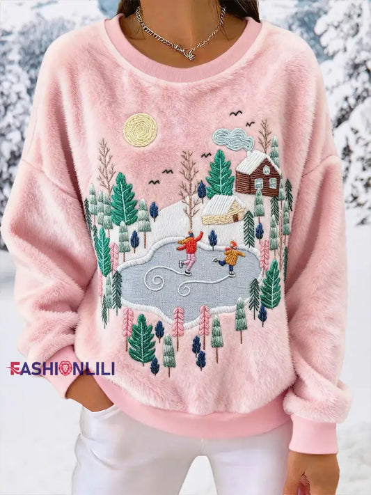 Women’s Snow Village Flannel Sweatshirts Pink / S