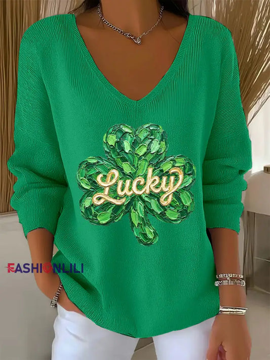 Women’s St. Patrick’s Day Print Casual V-Neck Top Green / S