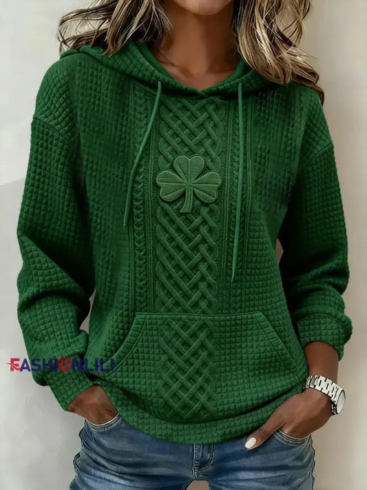 Women’s St. Patrick’s Day Shamrock Print Large-sized Hooded Dark Green / S