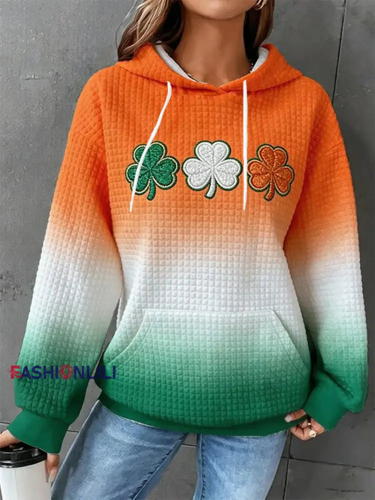 Women’s St Patrick’s Day Shamrocks Gradient Print Casual Waffle Hoodie Mixed Color / S