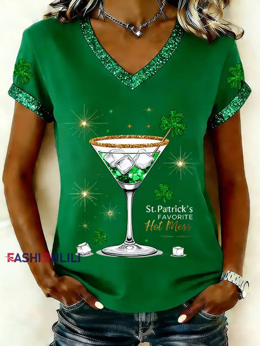 Women’s St. Patrick’s Favorite Hot Mess Shamrock Print V-Neck Short Sleeve T-shirt Green / S