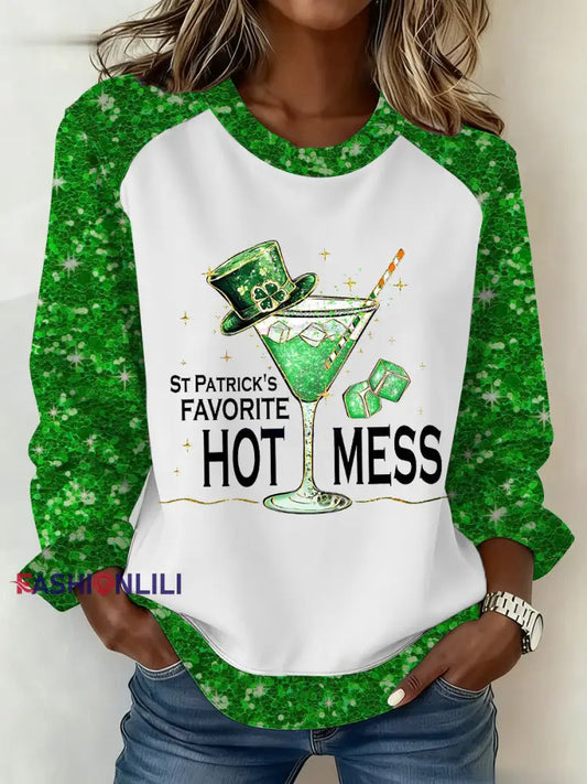 Women’s St Patrick’s Shamrock Hot Mess Printed Sweatershirt White / S