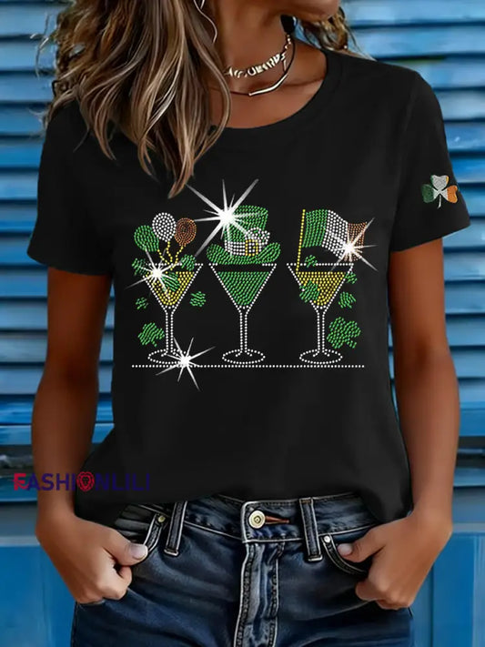 Women’s St. Patrick’s Shamrock Print O-Neck Short Sleeve T-shirt Black / S