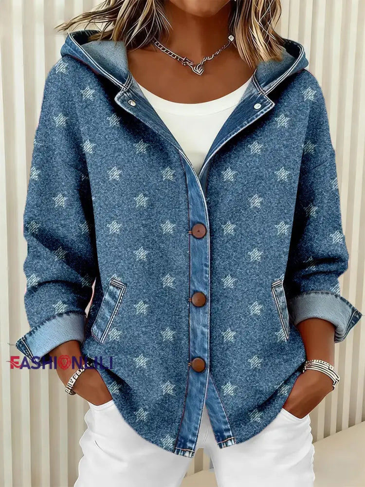 Women’s Star Pattern Patchwork Art Hooded Cardigan As picture / S