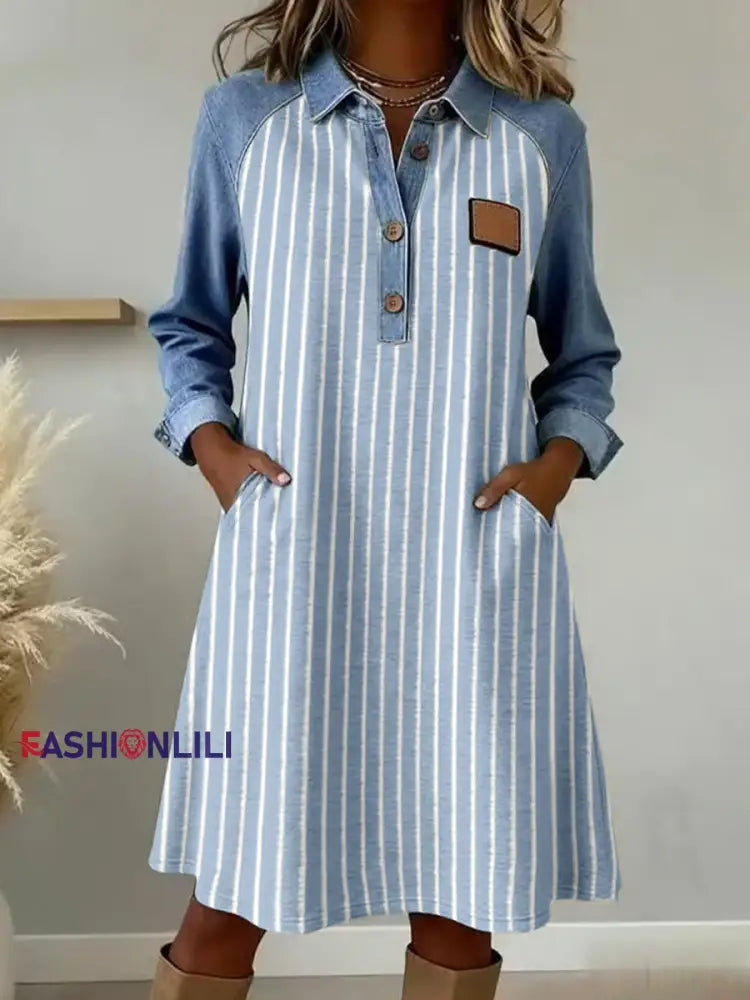 Women’s Striped Pattern Patchwork Art Dress Blue / S