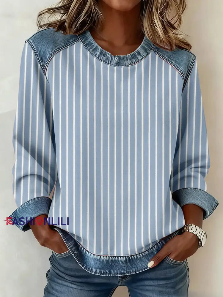 Women’s Striped Pattern Patchwork Art Sweatshirt As picture / S
