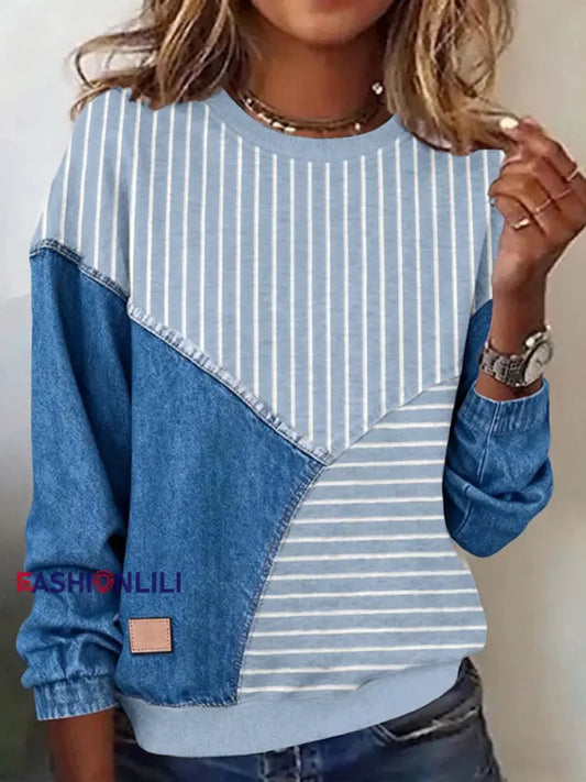 Women’s Striped Pattern Patchwork Art Sweatshirt Blue / S
