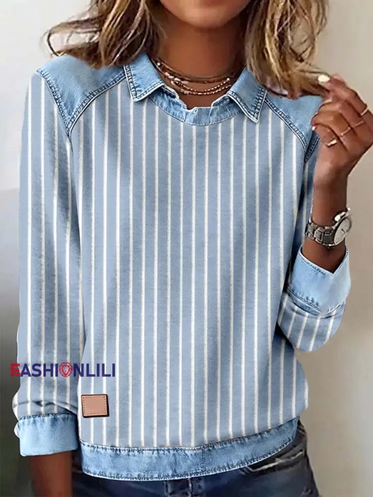 Women’s Striped Pattern Patchwork Art Sweatshirt Blue / S
