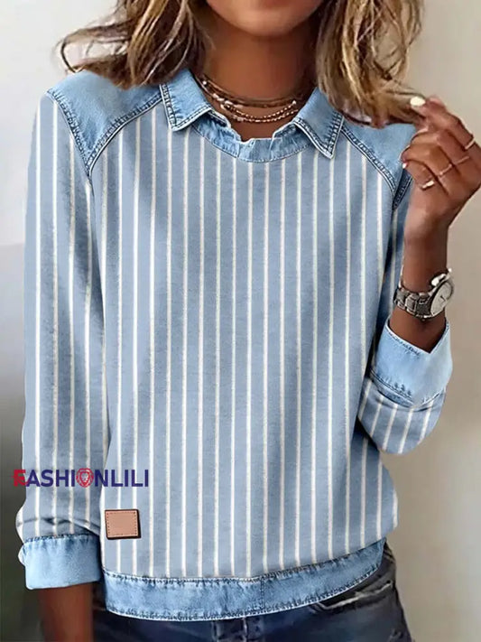 Women’s Striped Pattern Patchwork Art Sweatshirt Blue / S