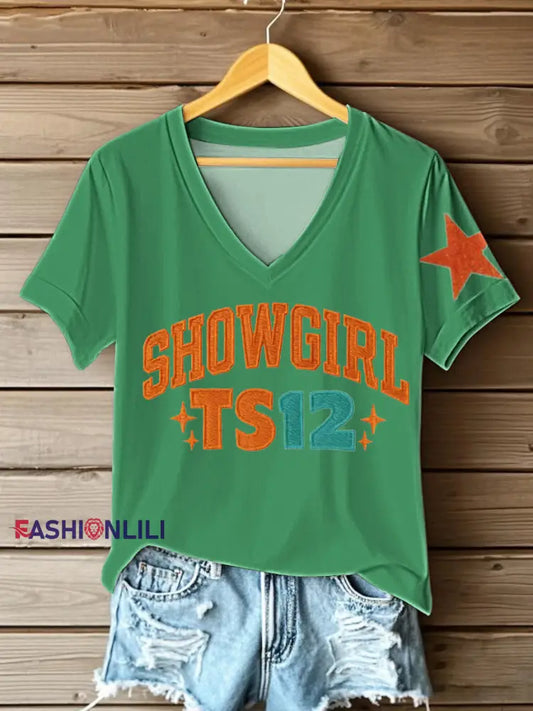 Women’s The Life of A Show Girl Fan Printed V-neck T-shirt As picture / S