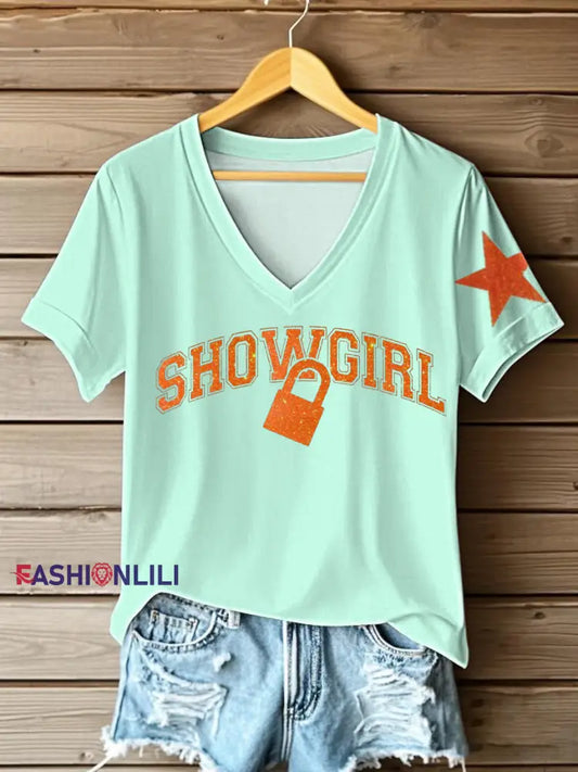 Women’s The Life of A Show Girl Fan Printed V-neck T-shirt As picture / S