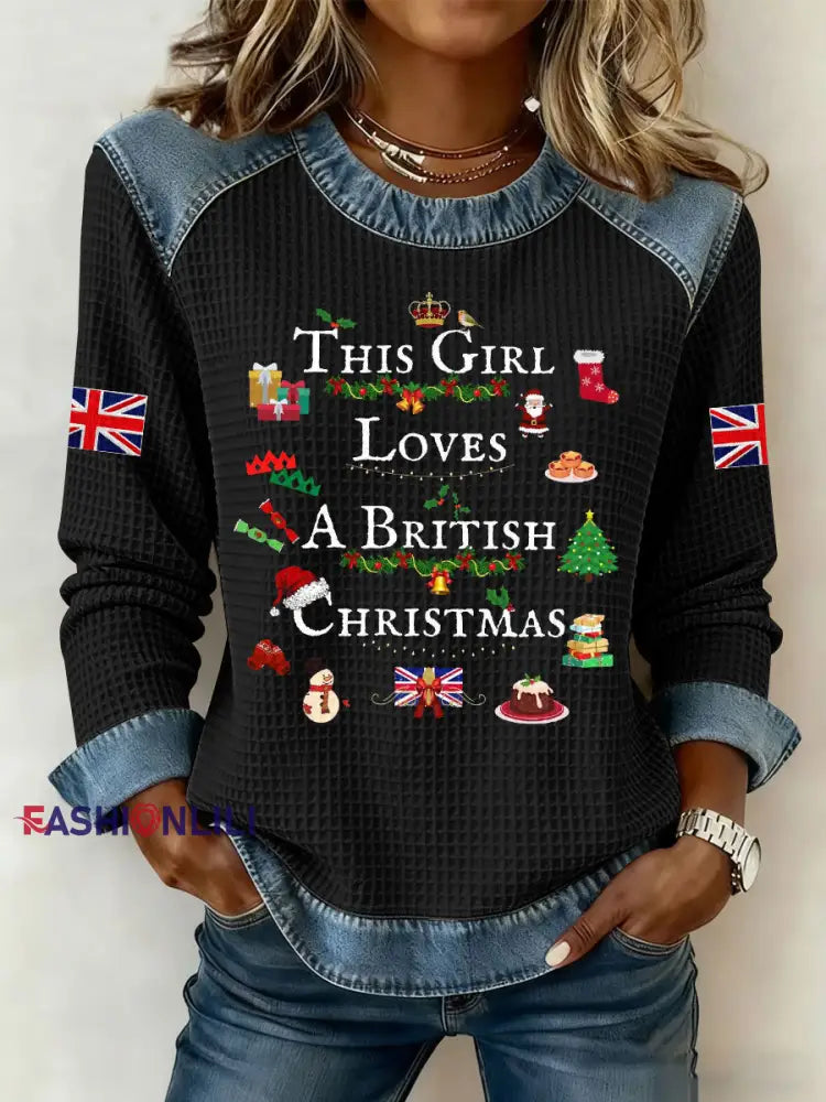Women’s This Girl Loves A British Christmas Print Denim Patchwork Top Black / S