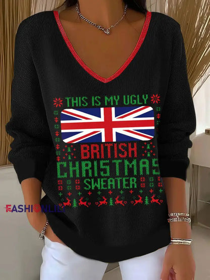Women’s This Is My Ugly British Christmas Sweater V-Neck Ribbed Top Black / S