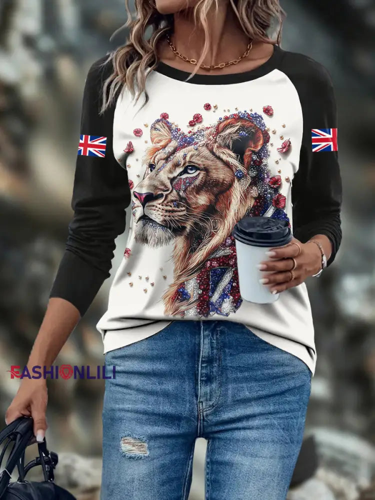 Women’s UK Flag Art Lioness Printed Tops Black / S