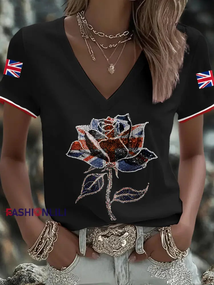 Women’s UK Flag Art Printed T shirt Black / S