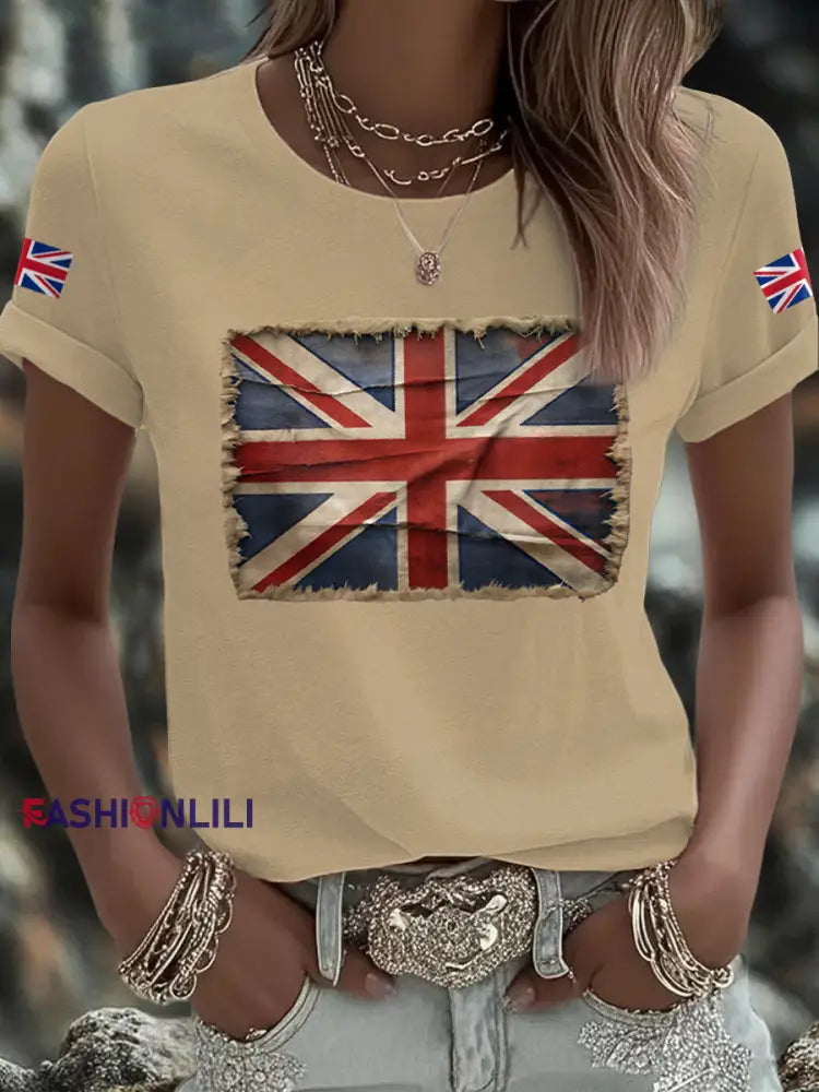 Women’s UK Flag Art Printed T shirt Khaki / S
