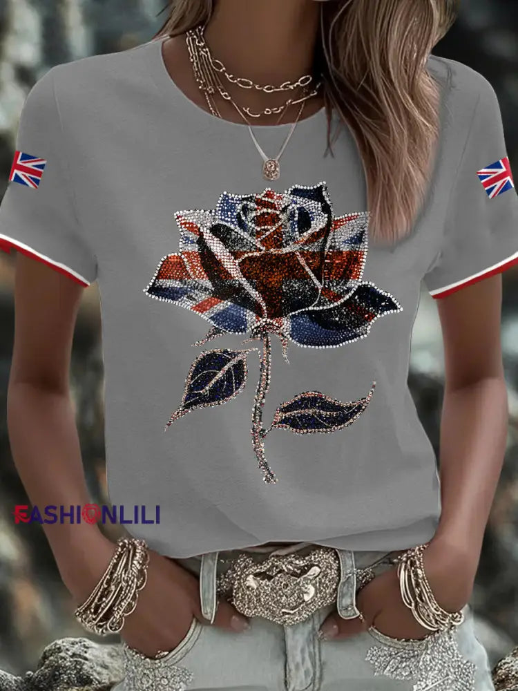 Women’s UK Flag Art Printed T shirt Light Gray / S