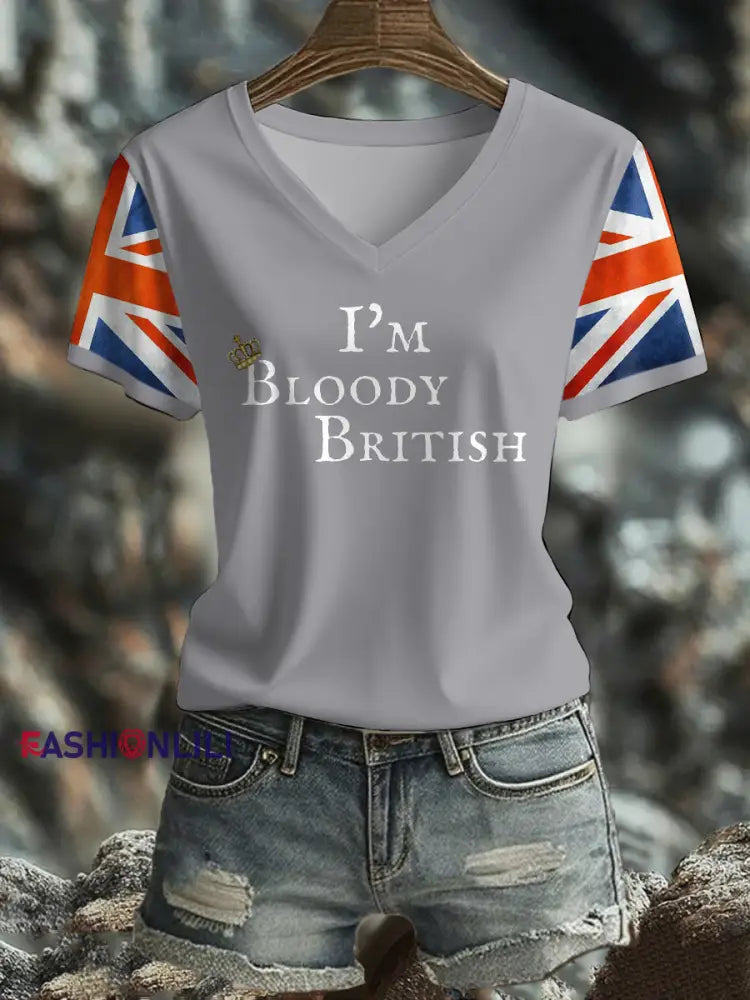 Women’s UK Flag Art Printed T shirt Light Gray / S