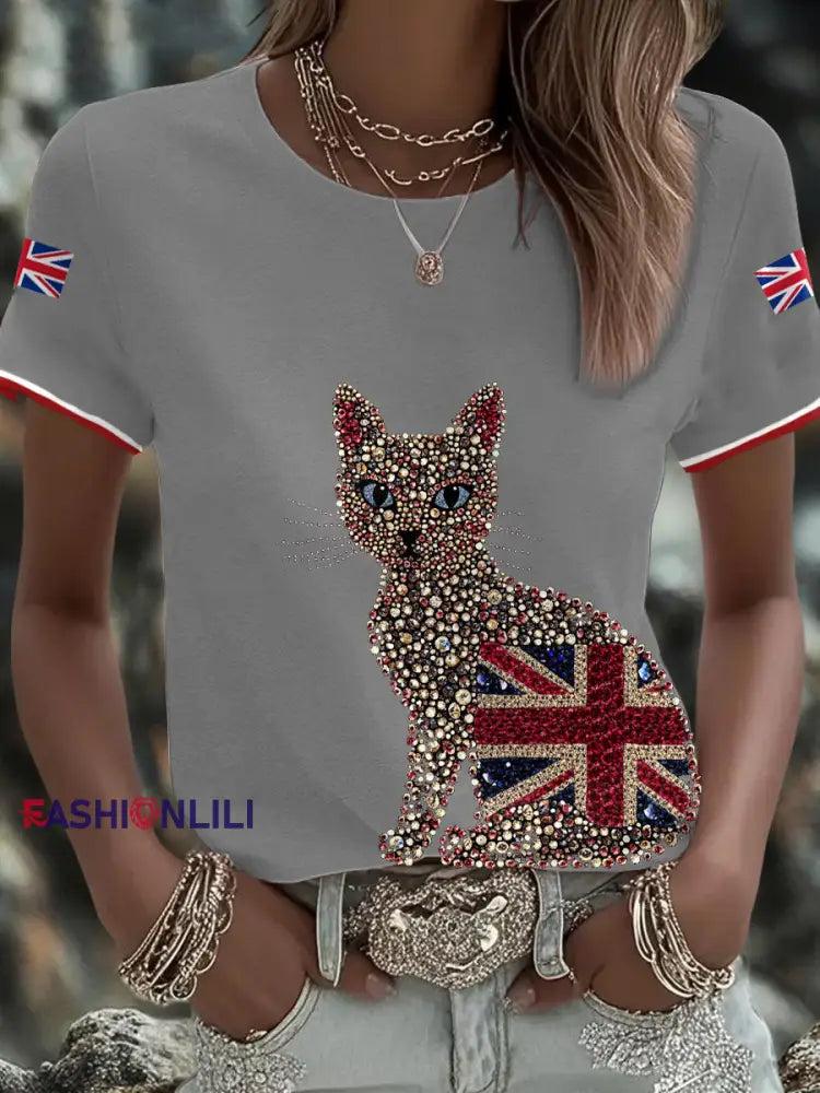 Women’s UK Flag Art Printed T shirt Light Gray / S