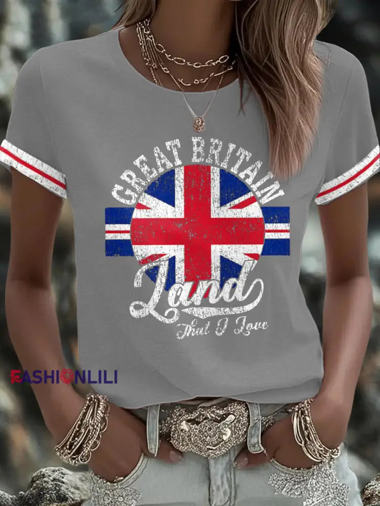 Women’s UK Flag Art Printed T shirt Light Gray / S