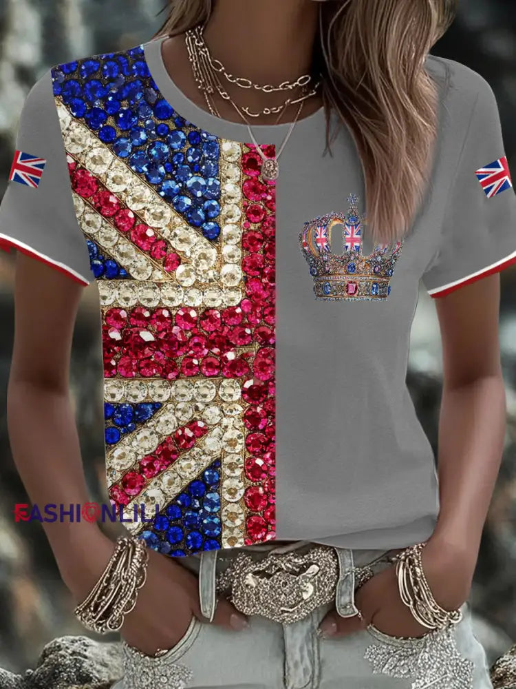 Women’s UK Flag Art Printed T shirt Light Gray / S