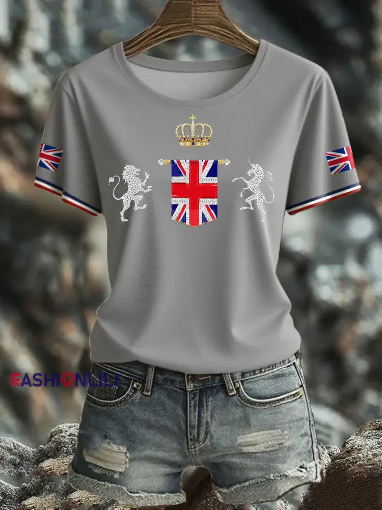 Women’s UK Flag Art Printed T shirt Light Gray / S