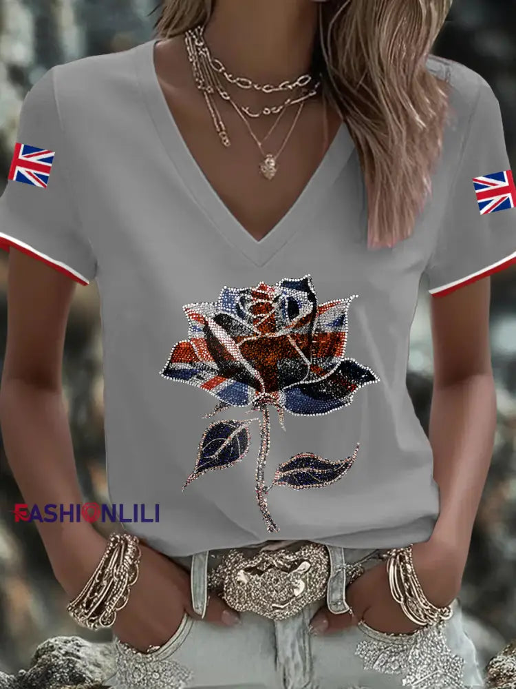 Women’s UK Flag Art Printed T shirt Light Gray / S