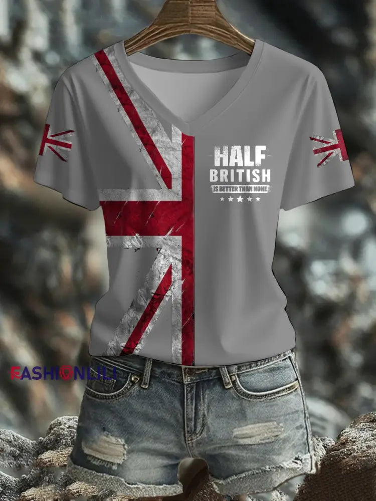 Women’s UK Flag Art Printed T shirt Light Gray / S