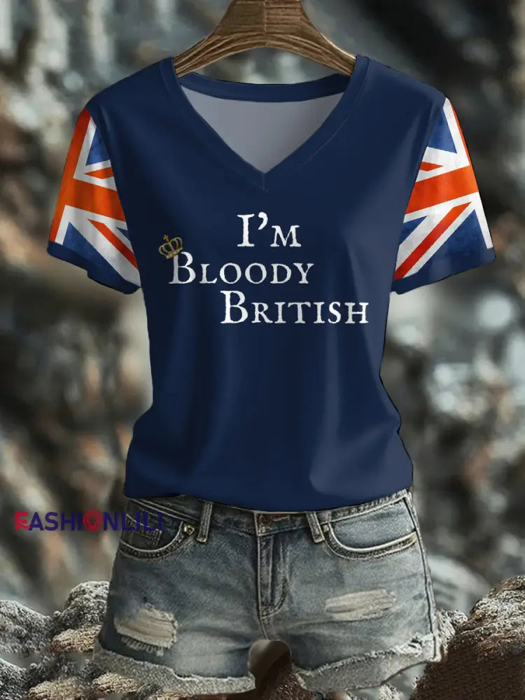 Women’s UK Flag Art Printed T shirt Navy Blue / S