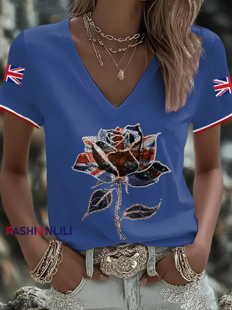 Women’s UK Flag Art Printed T shirt Royal Blue / S