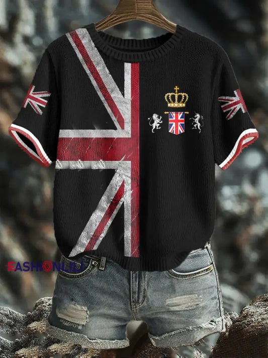 Women’s UK Flag Art Printed Tops Black / S