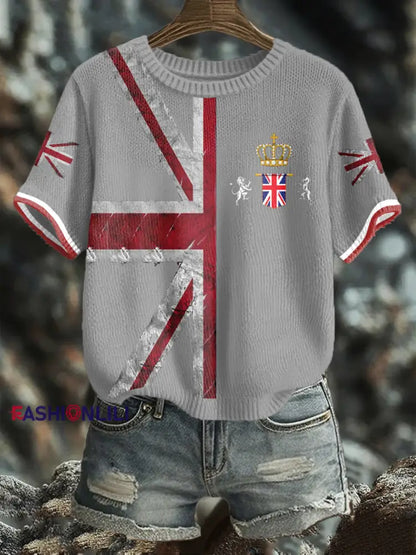 Women’s UK Flag Art Printed Tops Light Gray / S
